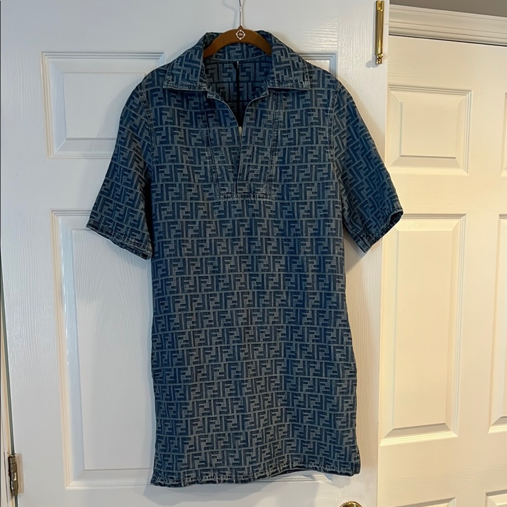 Authentic Fendi denim zucca print logo dress